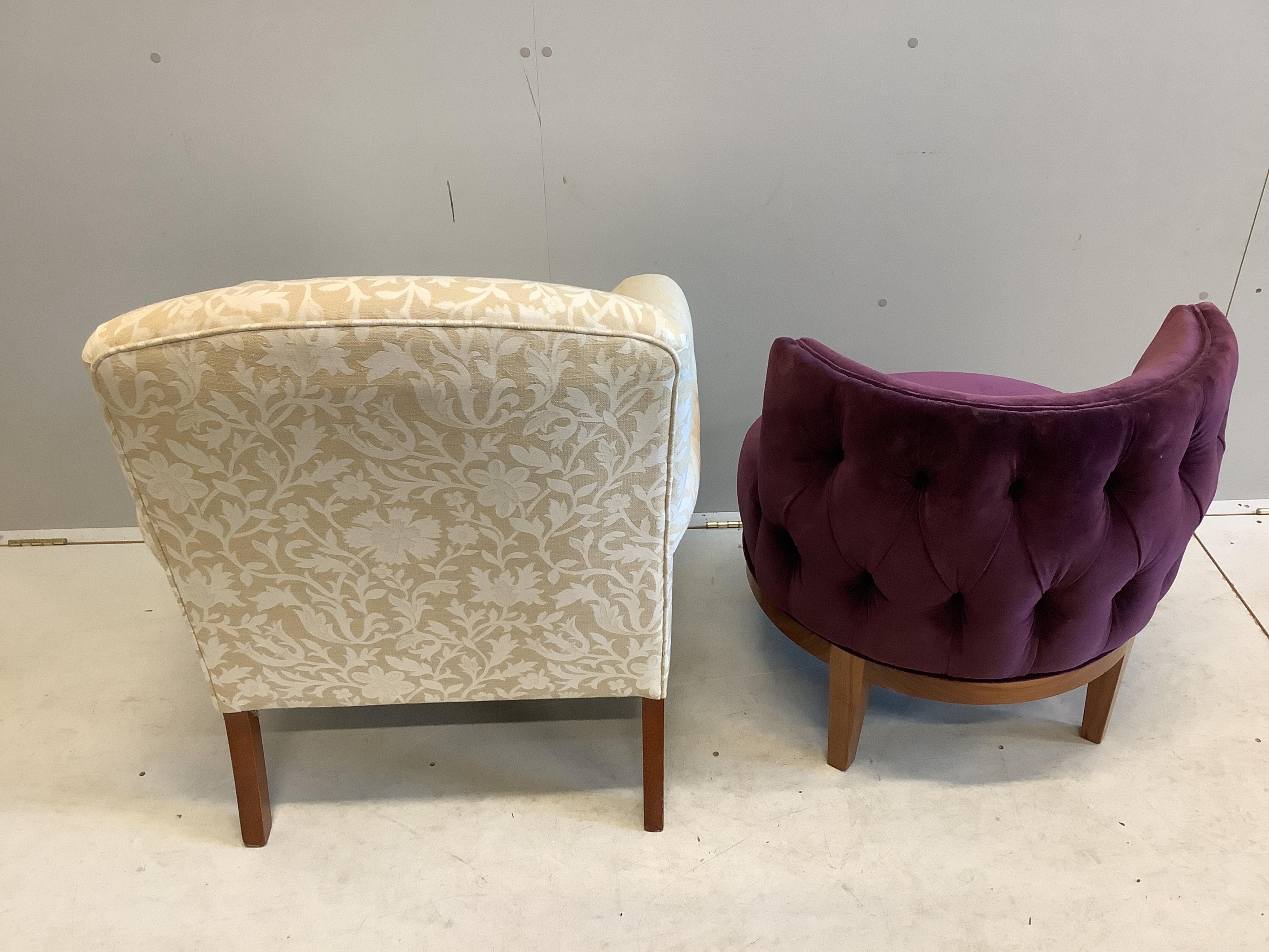 A modern Victorian style upholstered armchair together with a Contemporary mauve velvet tub chair. Condition - good